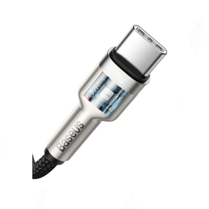 Baseus Type-C to Type-C Cable with zinc alloy connectors, nylon braided wire, 100W fast charging, and 480Mbps data transfer in black, green, and white colors.
