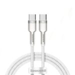 Baseus Type-C to Type-C Cable with zinc alloy connectors, nylon braided wire, 100W fast charging, and 480Mbps data transfer in black, green, and white colors.