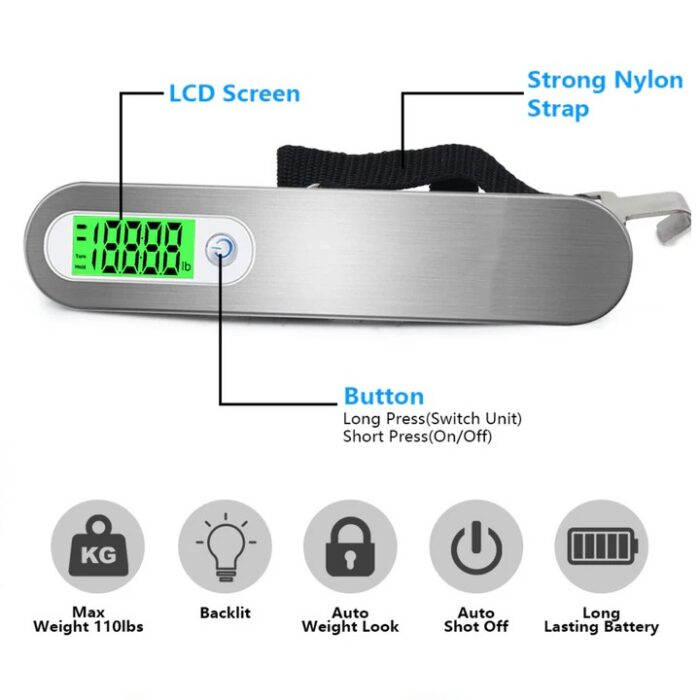Digital Luggage Scale with LCD display, compact design, and durable ABS construction for accurate luggage weight measurement during travel.