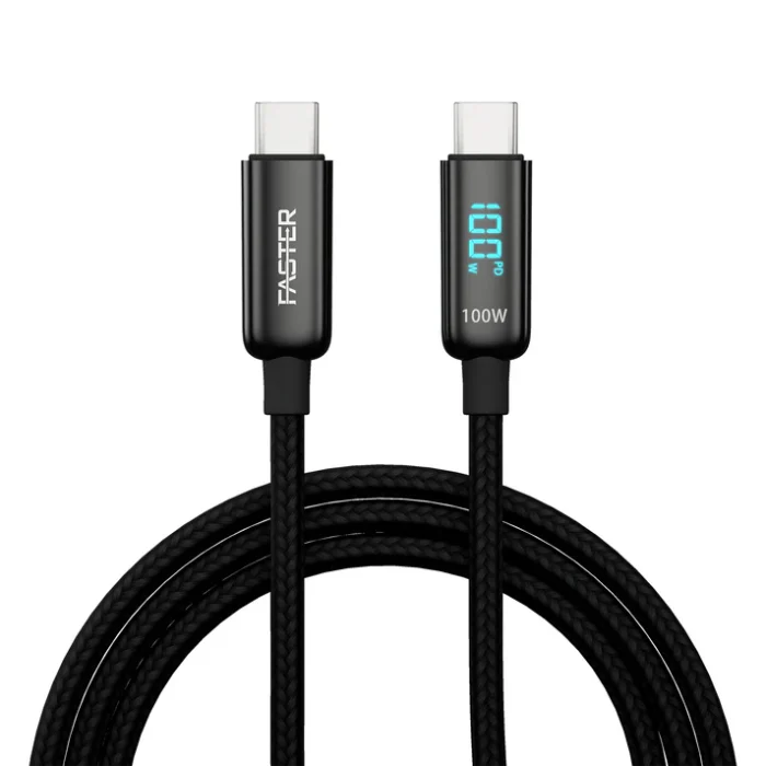 FASTER 100W USB-C to USB-C Cable for fast charging, high-speed data transfer, and durable design, compatible with laptops and smartphones.