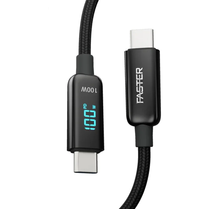 FASTER 100W USB-C to USB-C Cable for fast charging, high-speed data transfer, and durable design, compatible with laptops and smartphones.