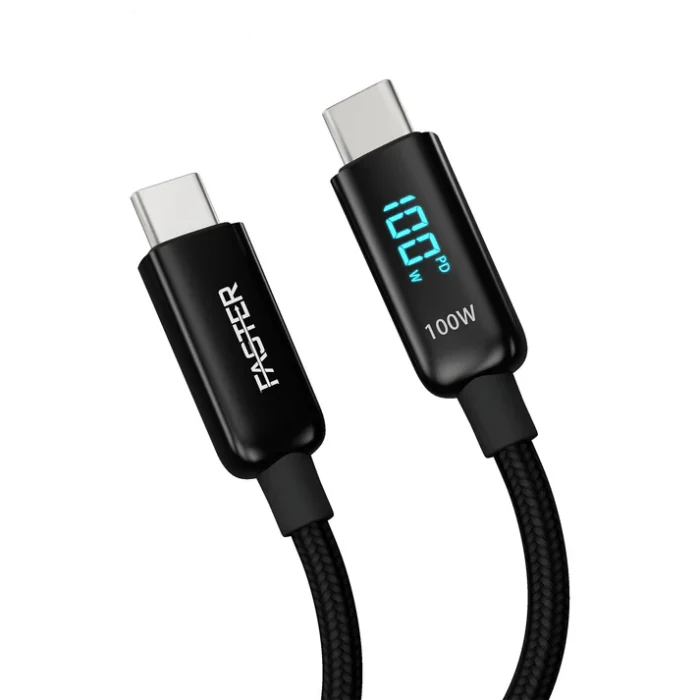 FASTER 100W USB-C to USB-C Cable for fast charging, high-speed data transfer, and durable design, compatible with laptops and smartphones.