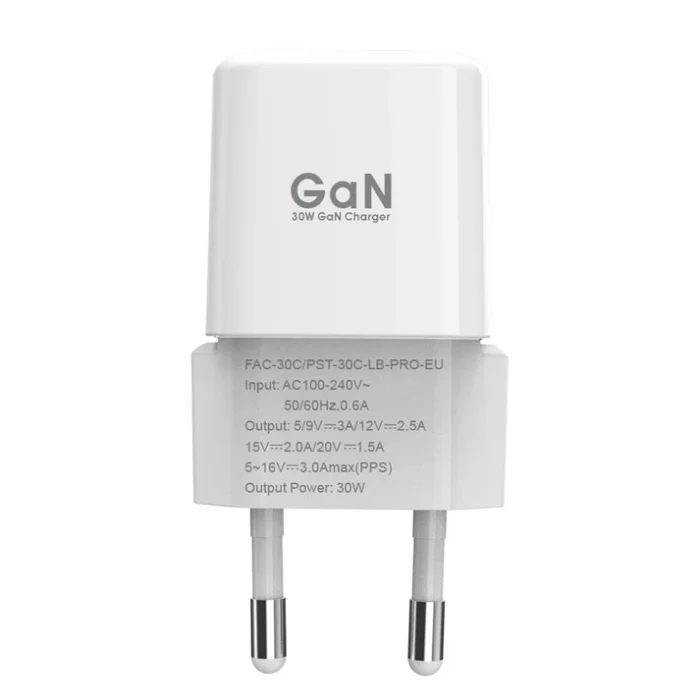 FASTER GaN 30W Adapter for fast, efficient charging of USB-C devices, including MacBook, smartphones, and tablets with compact design.
