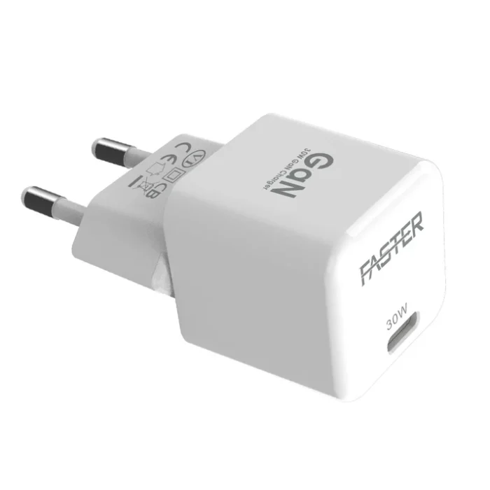 FASTER GaN 30W Adapter for fast, efficient charging of USB-C devices, including MacBook, smartphones, and tablets with compact design.