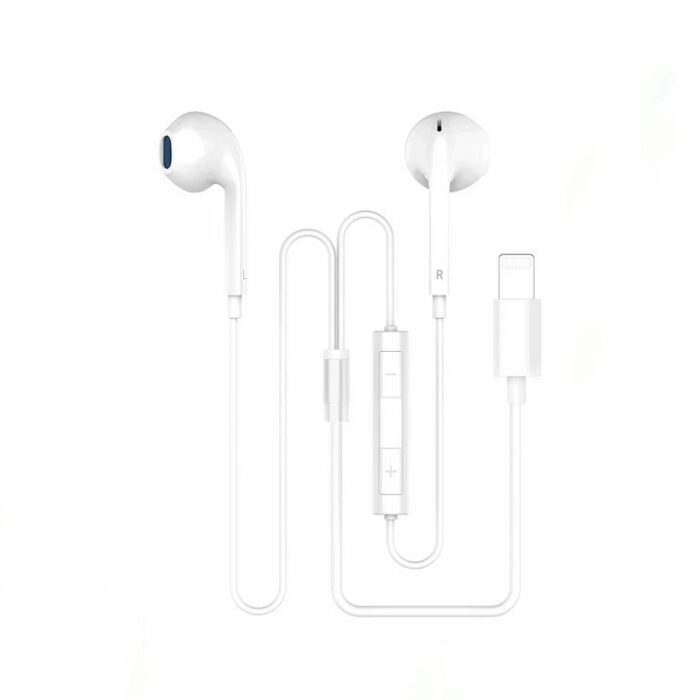 FASTER Lightning Handsfree earphones with 14.2mm driver, in-line microphone, and Lightning connector for high-quality sound and hands-free calls on iOS devices.