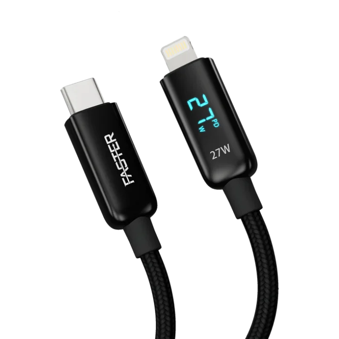 FASTER USB-C to Lightning Cable for fast charging, high-speed data transfer, durable braided design, compatible with iPhones and iPads.
