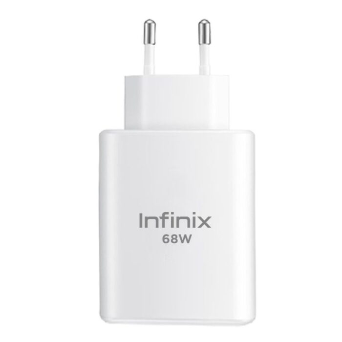 Infinix 68W Power Adapter for fast, safe charging with Qualcomm Quick Charge 3.0, compatible with Infinix devices and other smartphones.