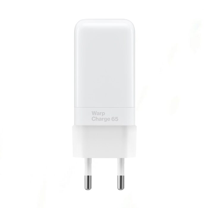 OnePlus 65W Warp Adapter for fast and efficient charging, designed for OnePlus devices like the 8T, 9, and more. USB-C port, sleek white design.
