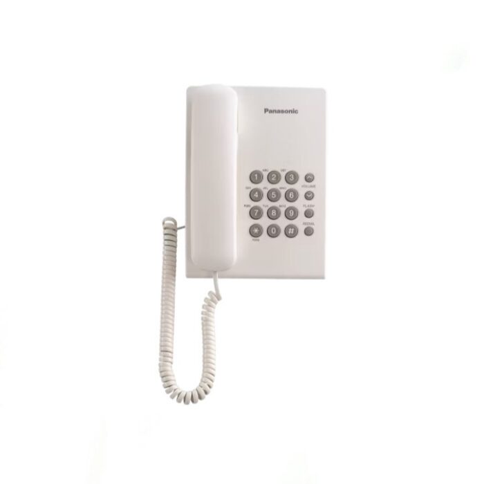 Panasonic KX-TS500MX Corded Phone with electric volume control, redial memory, adjustable ringer, and wall-mountable design for home or office use.