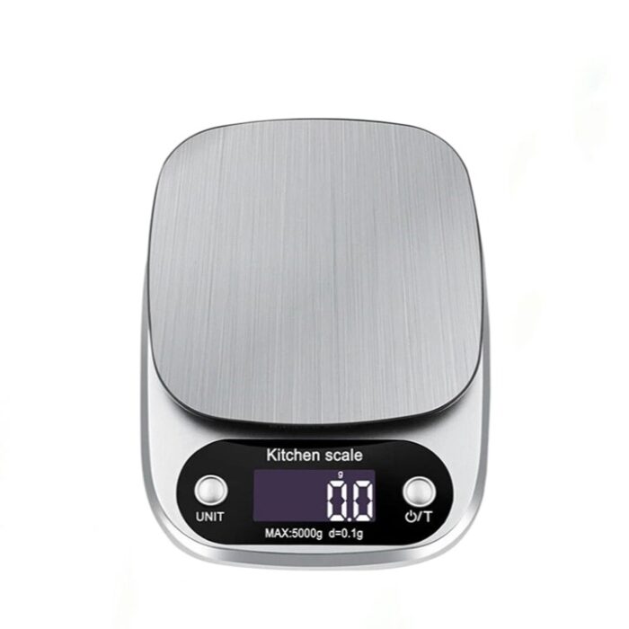 Stainless Steel Kitchen Scale with tare function, multiple weighing units, and high precision for accurate measurements in cooking and baking.