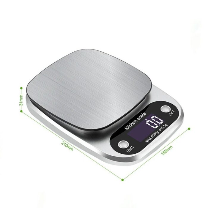 Stainless Steel Kitchen Scale with tare function, multiple weighing units, and high precision for accurate measurements in cooking and baking.