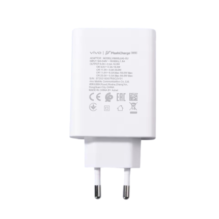 VIVO 66W Power Adapter with USB Type-C connector, fast charging, and advanced safety features for efficient device power supply.