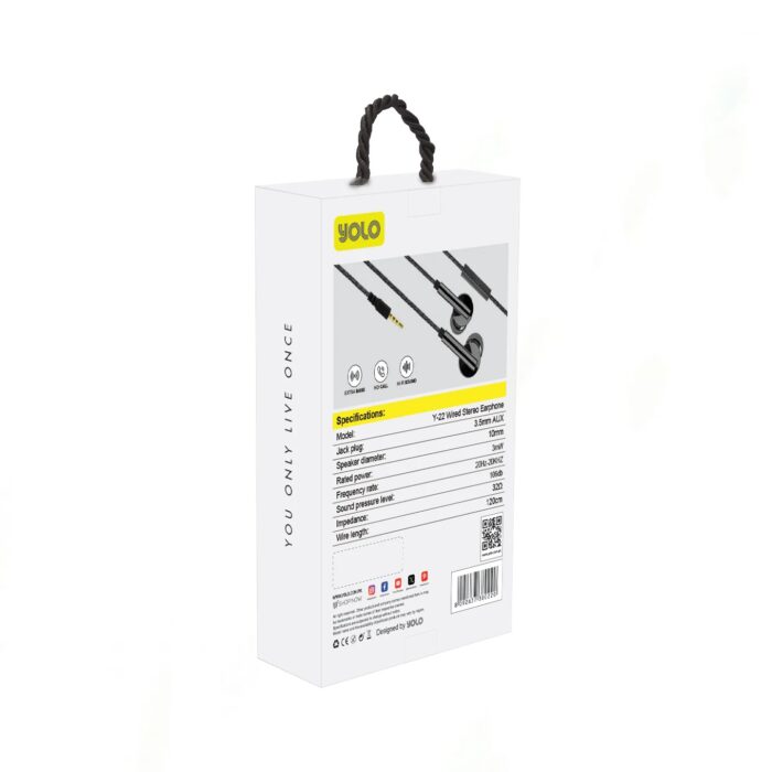 YOLO Y-22 Aux Handsfree wired stereo earphones with 10mm driver, 120cm cable, and AUX compatibility for clear, high-quality sound and comfortable listening.