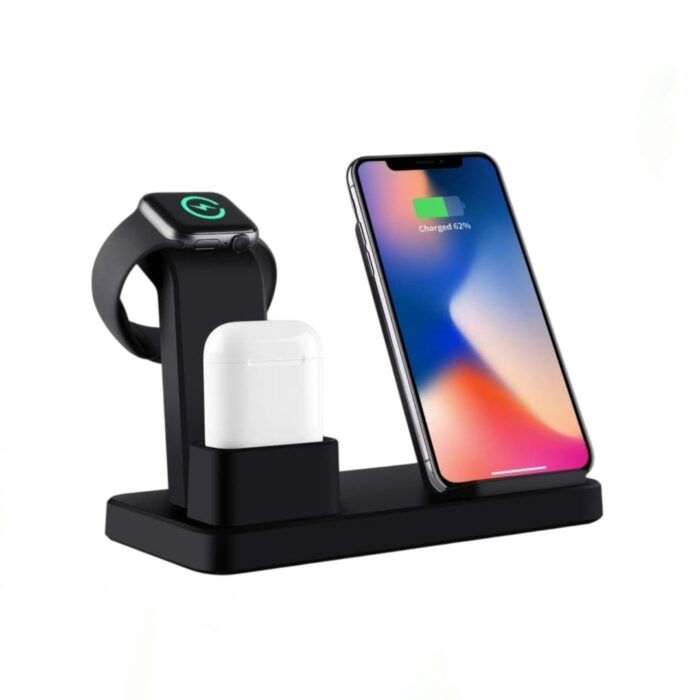 3-in-1 Wireless Charging Stand for iPhone, Apple Watch, and AirPods with fast charging and sleek design for home or office use.
