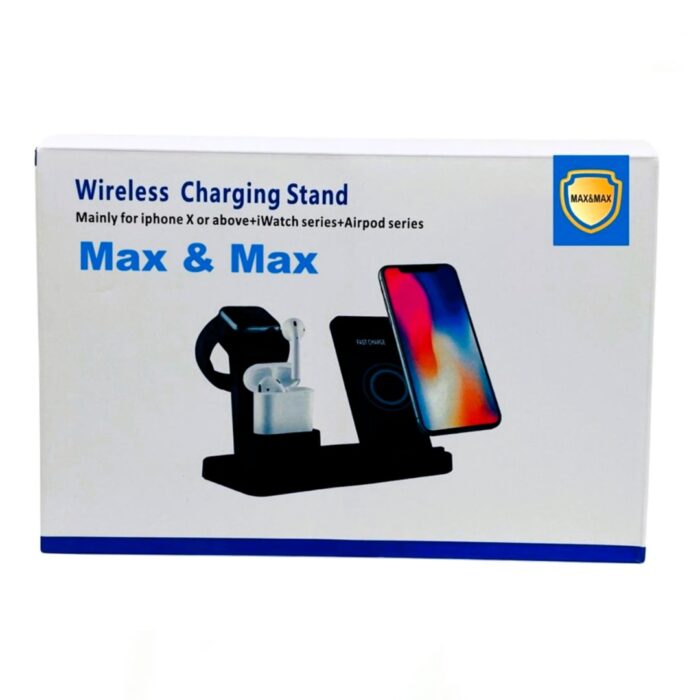 3-in-1 Wireless Charging Stand for iPhone, Apple Watch, and AirPods with fast charging and sleek design for home or office use.