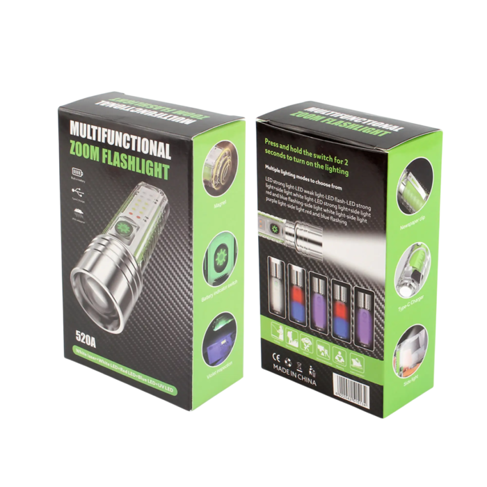 520A Multifunctional Zoom Flashlight with evenly distributed focus, shining a bright, uniform beam in a dark outdoor setting.