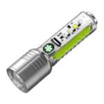 520A Multifunctional Zoom Flashlight with evenly distributed focus, shining a bright, uniform beam in a dark outdoor setting.