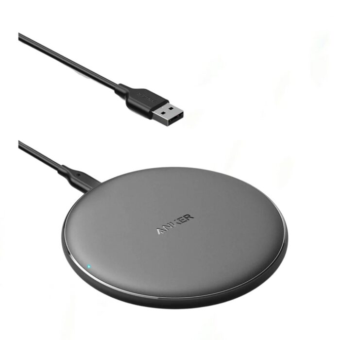 Anker 313 Wireless Charging Pad providing fast and safe wireless charging for Qi-enabled devices like iPhone, Samsung, and AirPods.