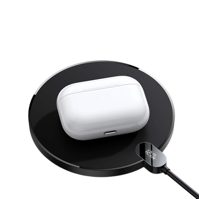 Baseus 15W Wireless Charger charging an iPhone with LED display, offering fast and safe wireless charging for Qi-enabled devices.