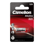 Camelion A23 Alkaline Battery pack of 5 in blister packaging, 12V, 55mAh, ideal for small devices like car keys and toys.