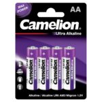 Camelion AA Ultra Alkaline Batteries pack of 4 on white background, showcasing long-lasting, leak-proof power for devices.