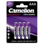 Camelion AAA Ultra Alkaline Batteries pack of 4 on white background, offering long-lasting, leak-proof power for devices.