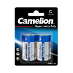 Camelion C-Size Super Heavy Duty Batteries pack on white background, offering reliable, eco-friendly power for devices.