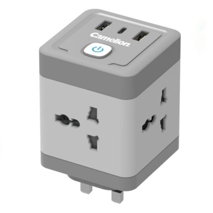 Camelion CMS-04C Universal Adapter with 4 AC outlets and fireproof design, a compact power solution for travel or home use.