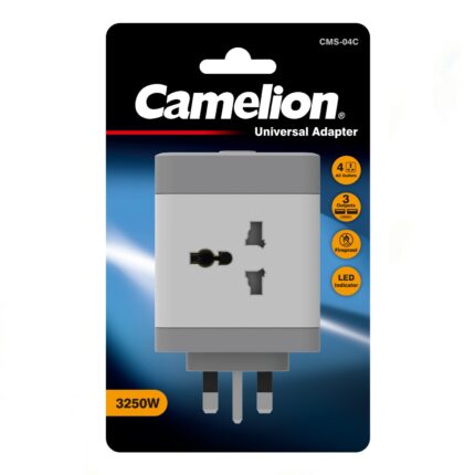 Camelion CMS-04C Universal Adapter with 4 AC outlets and fireproof design, a compact power solution for travel or home use.