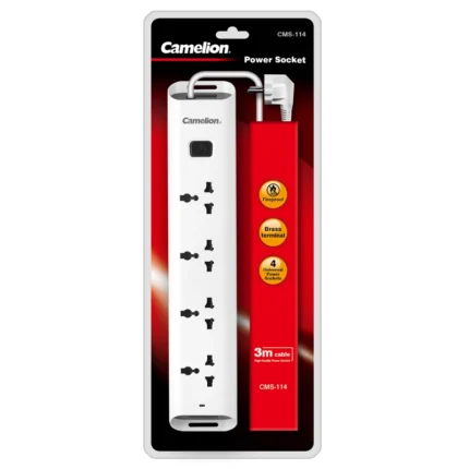 Camelion CMS-114 Extension Lead in white with universal sockets and 3m cable on a clean background for home or office use.