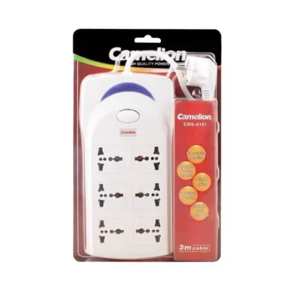 Camelion CMS-161 Extension Lead with universal sockets and 3m cable, a portable, fire-safe power strip for home or travel.