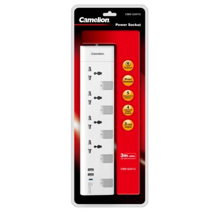 Camelion CMS-G241U Extension Lead in white with 6 outlets (2 USB) and 3m cable, a safe, versatile power strip for all needs.