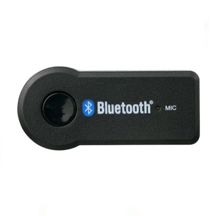 Car Bluetooth Receiver plugged into a car’s aux port, enabling wireless music streaming and hands-free calls in black design.