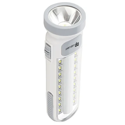 DP-7102B LED Emergency Light with 5000K LED, 1300mAh battery, and solar port for camping, outages, or emergency use.