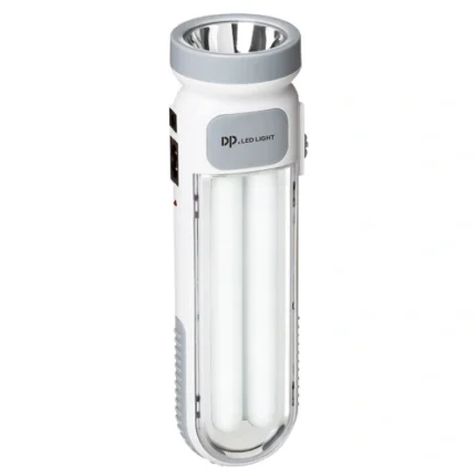 DP-7102B LED Emergency Light with 5000K LED, 1300mAh battery, and solar port for camping, outages, or emergency use.