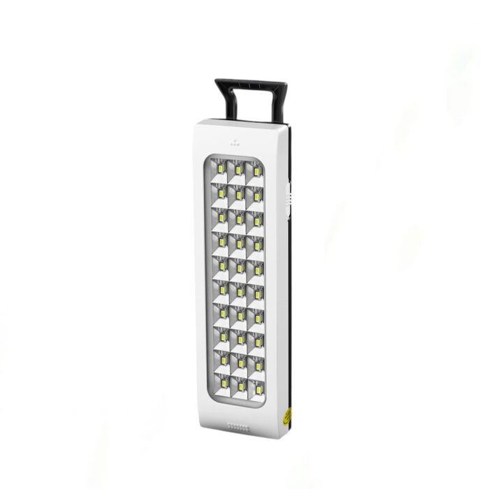 DP-716B Rechargeable LED Hand Lamp with 30 SMD LEDs, 310 lm/w, solar charging port, and hook for camping or emergency use.