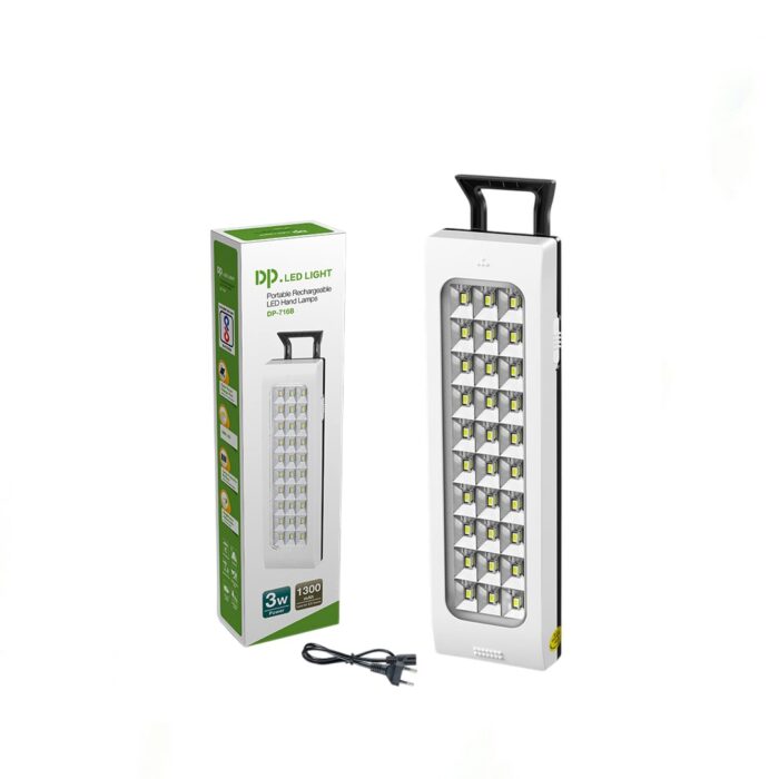 DP-716B Rechargeable LED Hand Lamp with 30 SMD LEDs, 310 lm/w, solar charging port, and hook for camping or emergency use.