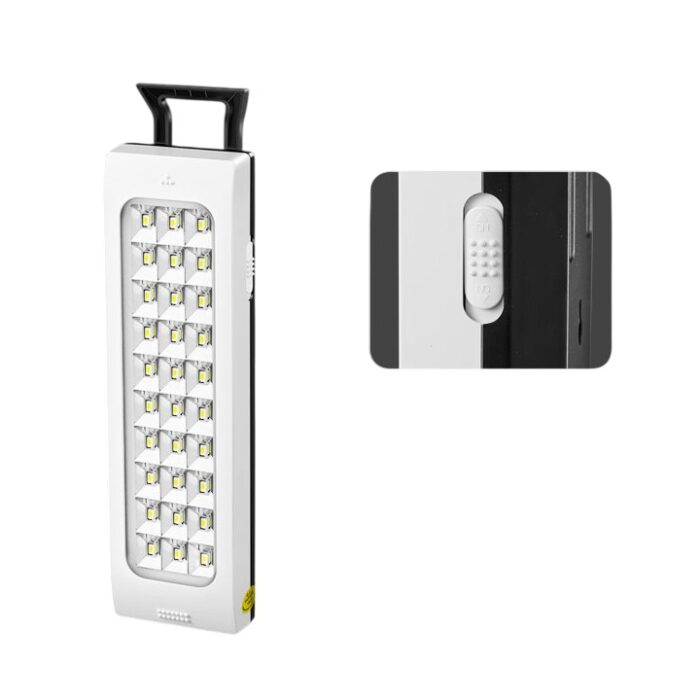 DP-716B Rechargeable LED Hand Lamp with 30 SMD LEDs, 310 lm/w, solar charging port, and hook for camping or emergency use.