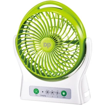 DP-7605 8-Inch Rechargeable Desktop Fan with LED light on, rotated 270°, blowing cool air on a desk, dual 1200mAh batteries.