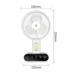 DP-7624 Rechargeable Desktop Fan with LED night light on, folded at 90°, blowing cool air on a desk, powered by 3000mAh battery.