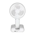 DP-7624 Rechargeable Desktop Fan with LED night light on, folded at 90°, blowing cool air on a desk, powered by 3000mAh battery.
