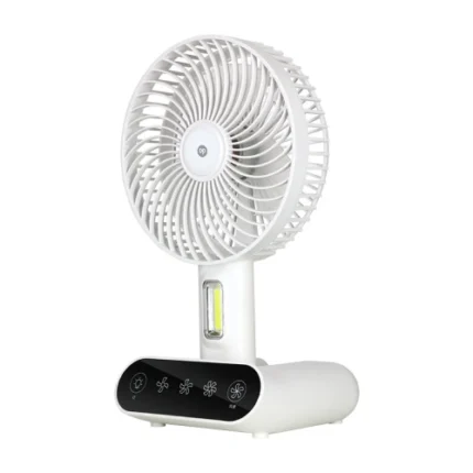DP-7624 Rechargeable Desktop Fan with LED night light on, folded at 90°, blowing cool air on a desk, powered by 3000mAh battery.