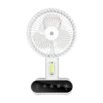 DP-7624 Rechargeable Desktop Fan with LED night light on, folded at 90°, blowing cool air on a desk, powered by 3000mAh battery.