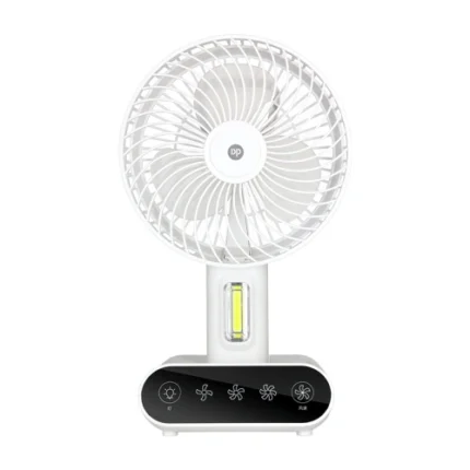 DP-7624 Rechargeable Desktop Fan with LED night light on, folded at 90°, blowing cool air on a desk, powered by 3000mAh battery.