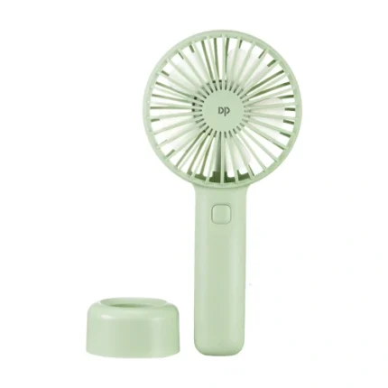 DP-7631 Rechargeable Mini Handheld Fan with detachable base on a desk, blowing cool air, compact design with 2000mAh battery.