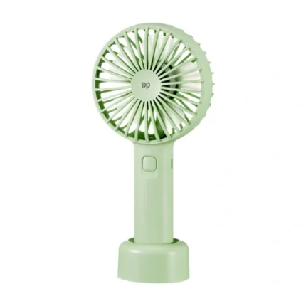 DP-7631 Rechargeable Mini Handheld Fan with detachable base on a desk, blowing cool air, compact design with 2000mAh battery.