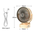 DP-7638 Rechargeable Mini Desk Fan with clip-on base, LED light, and 360° adjustable angle on a desk, providing cool airflow.