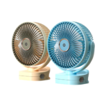 DP-7638 Rechargeable Mini Desk Fan with clip-on base, LED light, and 360° adjustable angle on a desk, providing cool airflow.