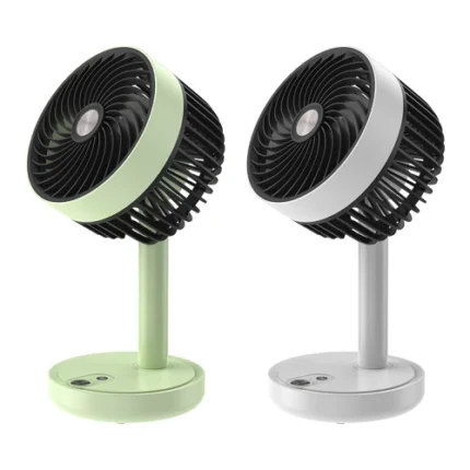 DP-7639 Portable Rechargeable Fan on a desk, blowing cool air with adjustable angle and sleek ABS design, powered by 4000mAh battery.