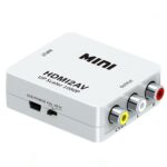 HDMI to AV adapter for connecting HDMI devices to AV displays, supporting 1080p video and stereo audio output.